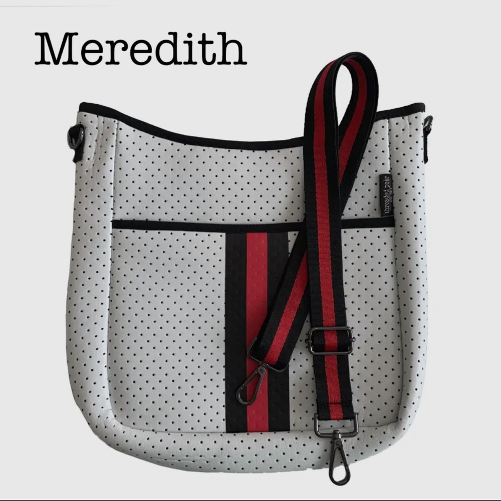 White neoprene messenger Crossbody Bag with Red Stripe